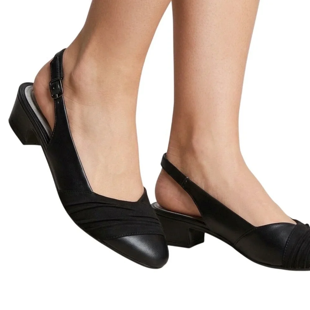 Easy Street Black Slingback Pumps Pleated Low Block Heel Shoes 6.5